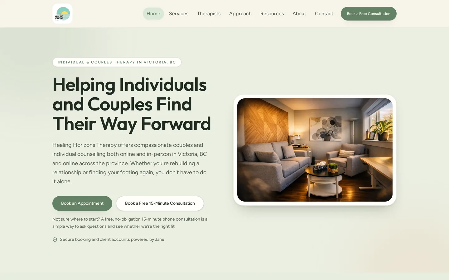 Home page of the Healing Horizons Therapy website showing the individual and couples therapy headline, booking buttons and consultation details for Victoria, British Columbia