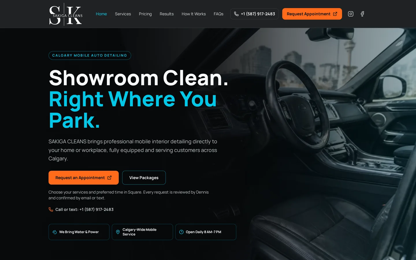 Home page of the SAKIGA CLEANS website showing the mobile auto detailing headline, appointment request button and Calgary service details